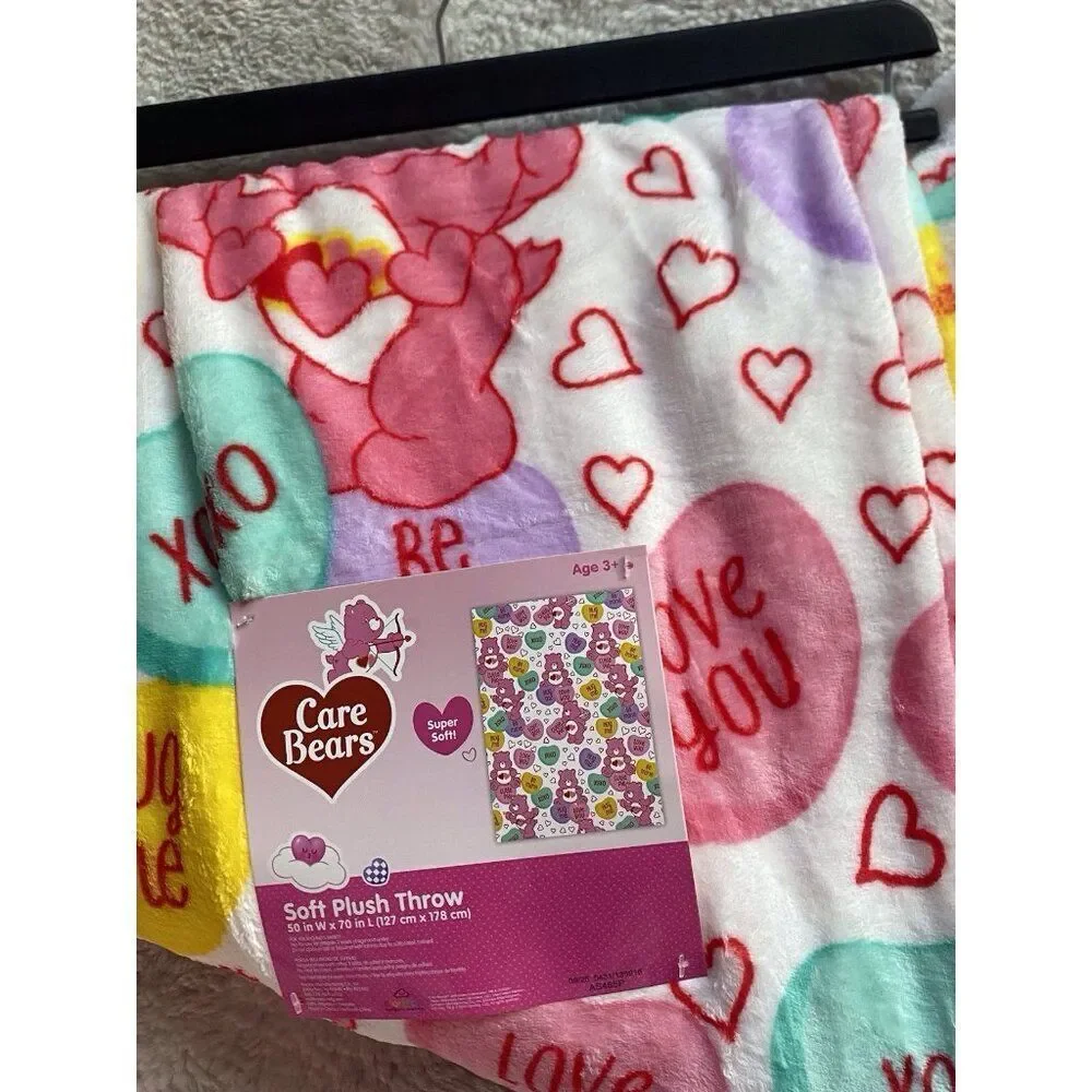 Care Bears Love A Lot Bear Throw Blanket 50 X 70” Conversation Hearts Valentines
